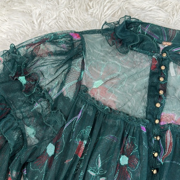 Free People Time for Shine Sheer Green Floral Crop Long Sleeve Top - Picture 9 of 10